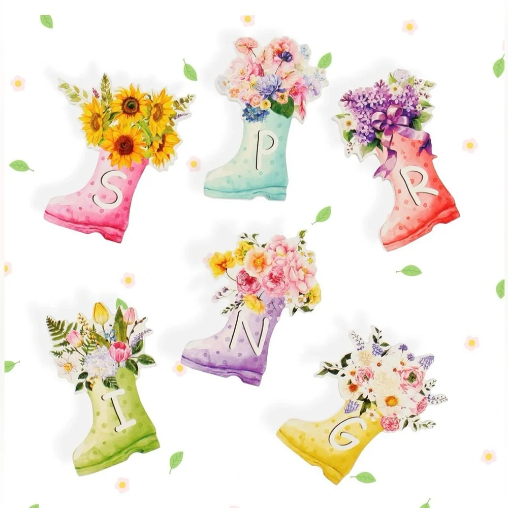 Spring Wooden Block Sign, 6Pcs Wooden Tabletop Spring Signs Flowers Decor